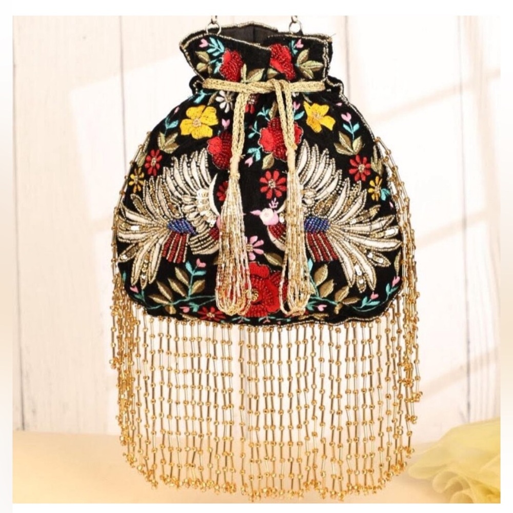 $259 MSRP - Ramla MUMBAI Hand-Embroidered Bag - BLACK, GOLD & MULTICOLOR Floral